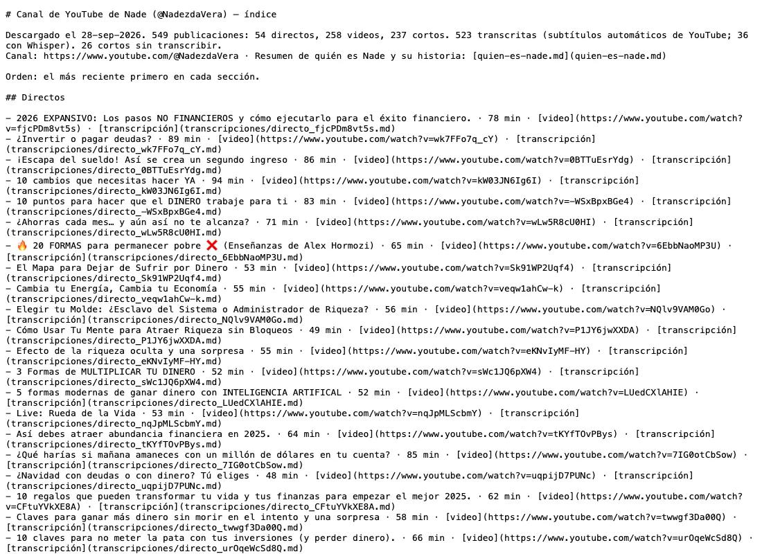 Índice de las transcripciones del canal de Nade